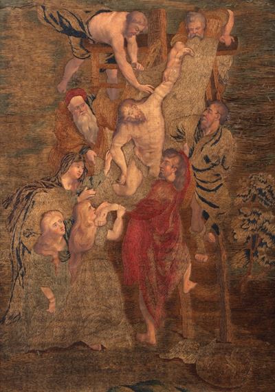 Pannello in Tessuto Ricamato e Dipinto a Olio su Tela Raffigurante la Deposizione di Cristo da Ru...