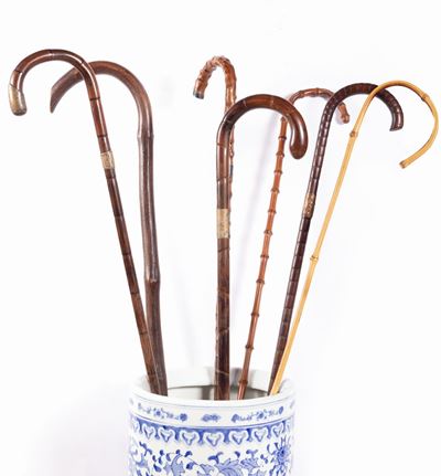 Lotto Composto da Sette Bastoni da Passeggio in Canna di Bamboo e Legni Diversi, Secoli XIX - XX
