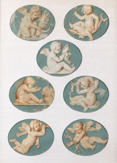 Sette Miniature En Grisaille Raffiguranti Amorini, Montate in un Unico Passepartout