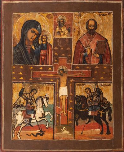 Antica Icona Quadripartita con la Crocifissione al Centro e Santi ai Lati