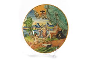  - Historiated plate in polychrome majolica depicting Venus, Satyr and Cupid