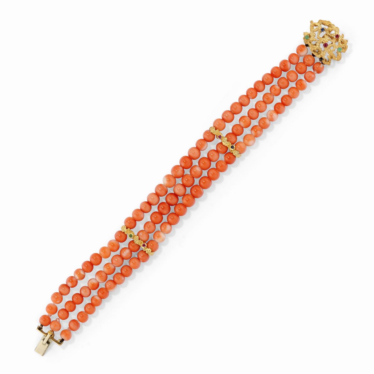 Collana e bracciale in oro giallo 18K, corallo rosso-arancio e pietre preziose