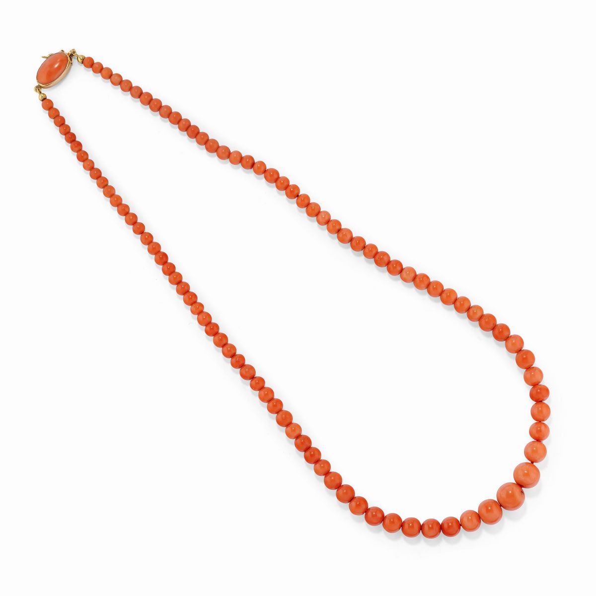 Collana e bracciale in oro giallo 18K, corallo rosso-arancio e pietre preziose