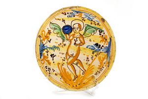  - Antique polychrome majolica plate with an angel in the centre