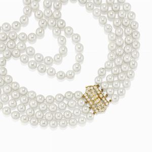 Collana in oro 18k, perle coltivate e diamanti