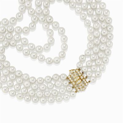 Collana in Oro 18k, Perle Coltivate e Diamanti
