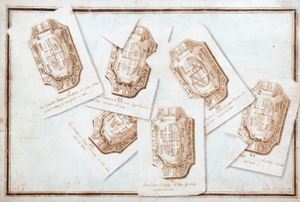 Scuola italiana, secolo XVIII - Trompe-l'œil with noble coats of arms of Grand Masters