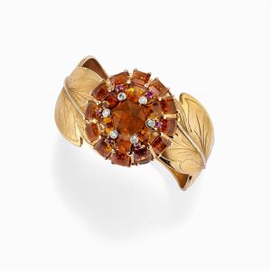Bracciale in oro 18k, citrini, diamanti e rubini, 1950-1960 circa