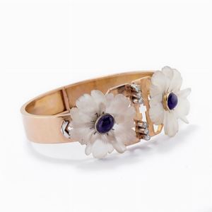 18K rose gold diamond rock crystal and color stones bangle