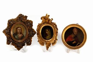  - Lot composed of three miniatures on copper depicting Madonna, the infant Christ and a bishop, 18th century