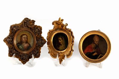 Lotto Composto da Tre Miniature su Rame Raffiguranti Madonna, Cristo Fanciullo e Santo Vescovo, S...