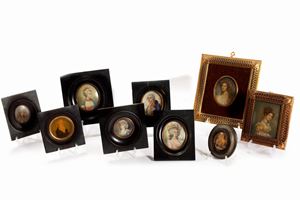  - Lot consisting of nine miniatures depicting portraits of gentlemen and ladies, and the Flight into Egypt, in different materials, 19th - 20th centuries