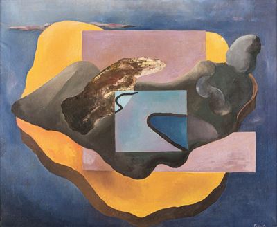 Donna, cielo e paesaggio, olio su tela