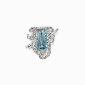  - Spilla in platino, acquamarina e diamanti, 1940-1950 circa