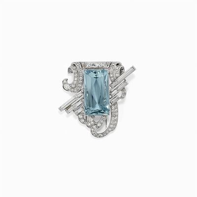 Spilla in Platino, Acquamarina e Diamanti, 1940-1950 Circa