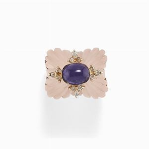 Anello in oro 9k, cristallo di rocca e diamanti