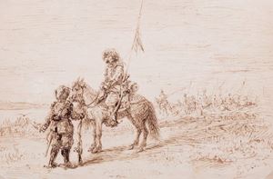 Scuola europea, fine del secolo XIX - inizi del secolo XX - Landscape with knight and squire, probably Don Quixote and Sancho Pancia
