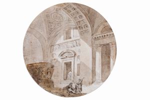 Scuola italiana, secolo XIX - Architectural capriccio with classical monuments and bystanders in the foreground