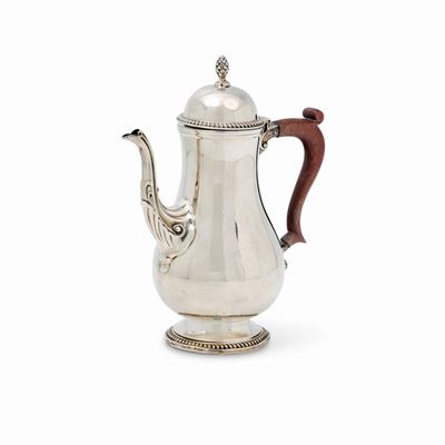 Caffettiera in argento, Inghilterra, XX secolo, con manico in legno