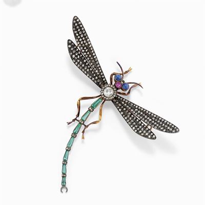 Spilla D'epoca in Oro 18k, Argento e Gemme di Colore