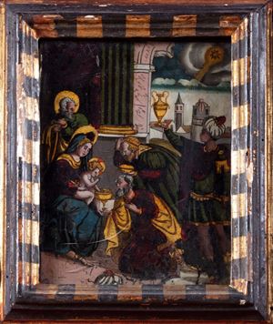 Scuola veneto-cretese - Icon painted under glass depicting the Adoration of the Magi