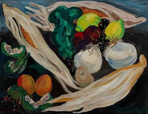 Natura morta di pannocchie, rape, fichi, ciliegie e agrumi