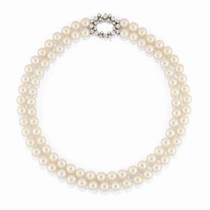 A cultured pearl, diamond and 18K white gold necklace, Gübelin, with box