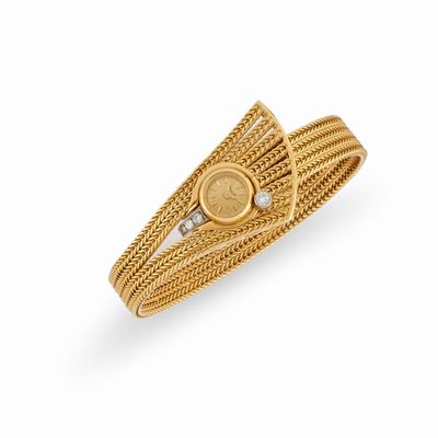 Bracciale-orologio in oro giallo 18k con diamanti, circa 1950