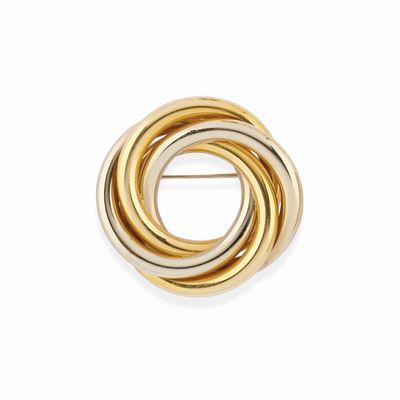 Spilla in oro bicolore 18k, design a tre cerchi intrecciati