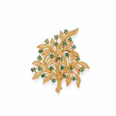 Spilla in oro giallo 18k con smeraldi, circa 1950