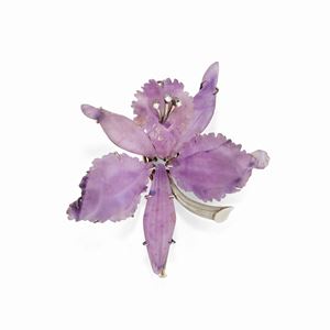 Spilla in oro bianco 18k, ametista e diamanti