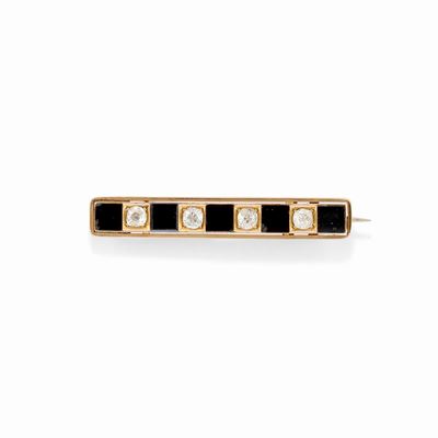 Spilla in oro giallo 18k con onice e diamanti, 1,00 ct