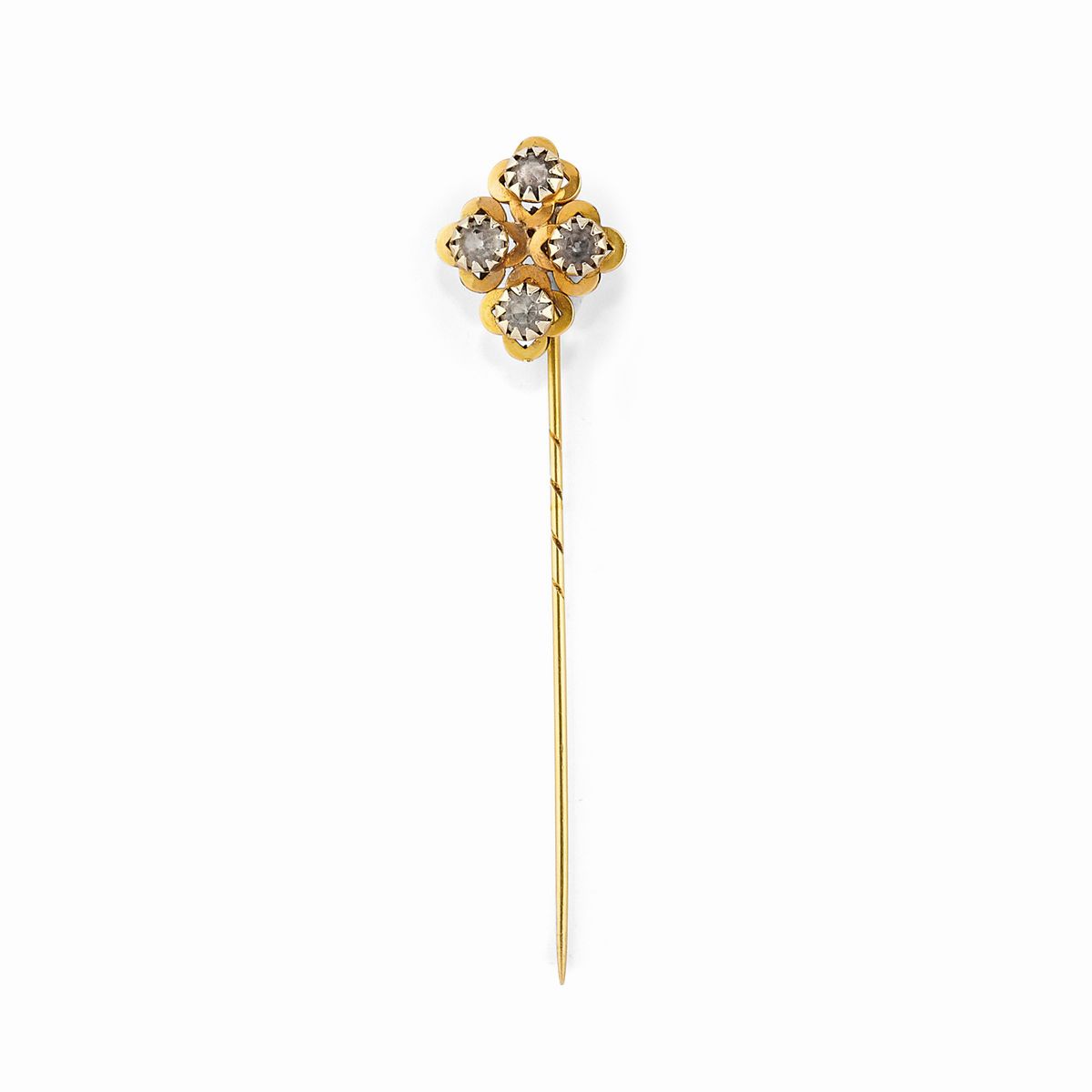 Due spille in oro giallo 18k con diamanti sintetici e micromosaico