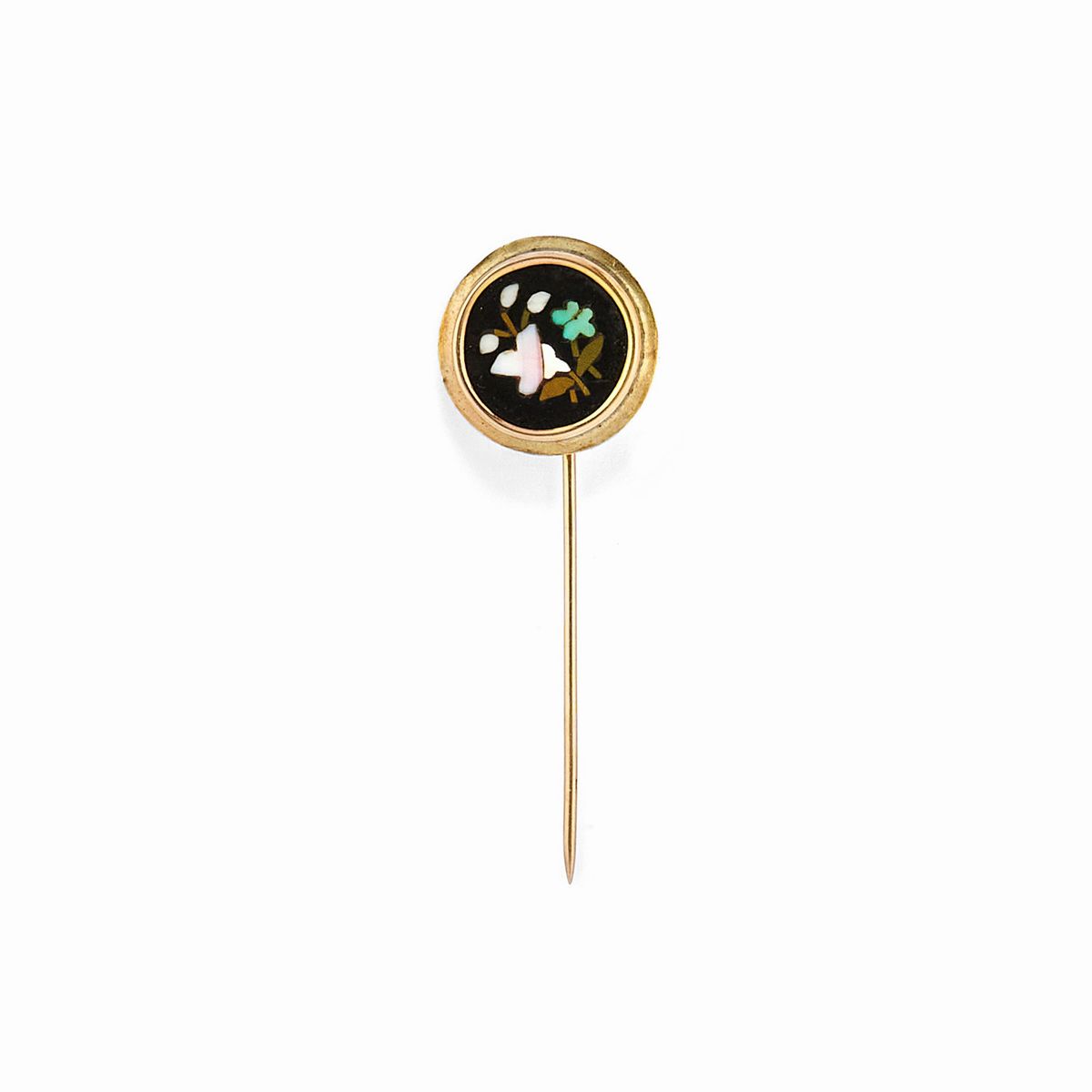 Due spille in oro giallo 18k con diamanti sintetici e micromosaico