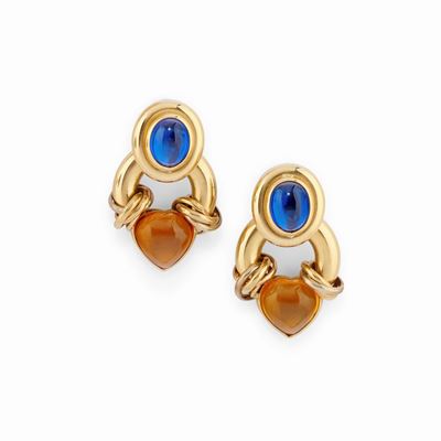 Orecchini in oro giallo 18k con pietre colorate, design a cuore e ovale