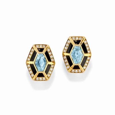 Orecchini in oro giallo 18kt, diamanti, onice e topazi azzurri a forma esagonale