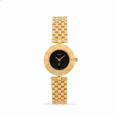 Orologio in oro giallo 18k, quadrante nero e numeri romani