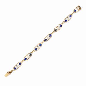 A 18k yellow gold, enamel and cultured pearl bracelet, defects