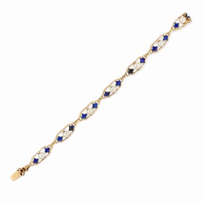 Bracciale in oro giallo 18K, smalto blu e perle coltivate