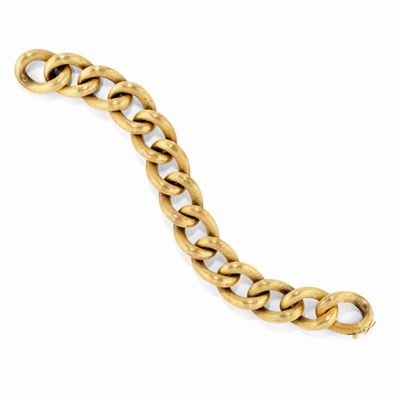 Bracciale in oro giallo 18K, circa 1950, a maglie ovali satinate