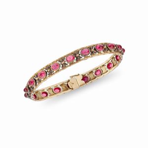 Bracciale in argento, oro e pietre rosse sintetiche, primo quarto XX secolo
