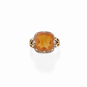 Anello in argento, oro giallo 18k, diamanti e quarzo orange
