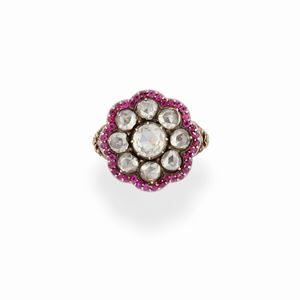 Anello in argento, oro giallo 18k, diamanti e rubini, XIX secolo