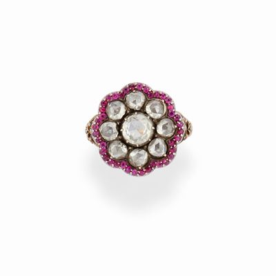 Anello in argento e oro giallo 18k con diamanti e rubini, XIX secolo