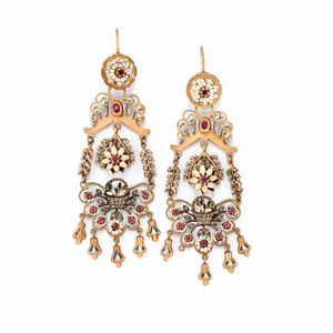 A 12k yellow gold, pearl, enamel, emerald, ruby and diamond pendant earrings