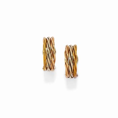 Orecchini in oro bicolore 18k, forma a mezzo cerchio con fili intrecciati