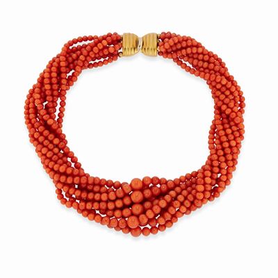 Collana in oro giallo 18k con corallo rosso, 40 cm