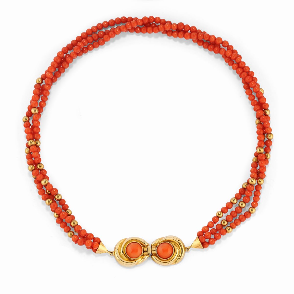 Demi parure in oro giallo 18k e corallo, composta da collana e anello