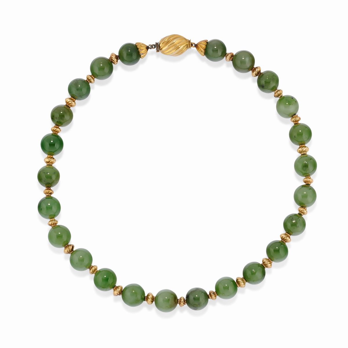 Demi parure in metallo dorato, oro giallo 18k e giada nefrite, composta da collana e orecchini pe...