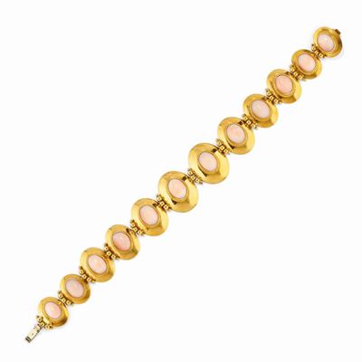 Bracciale in oro giallo 18k con corallo rosa, maglie ovali a degradé